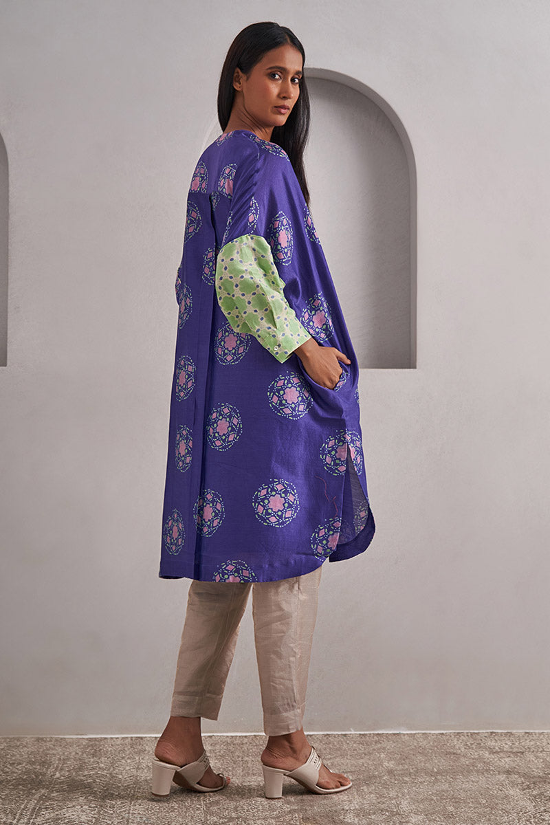 Jaipur Purple One Size Chanderi Cotton-Silk Tunic Dress – Hand Block Printed with Contrast Sleeve & Slip
