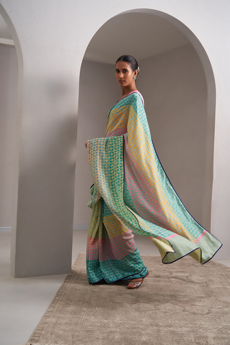 Narmada Maheshwari Block Printed Flip Pallu Saree - Teal Green_Yellow