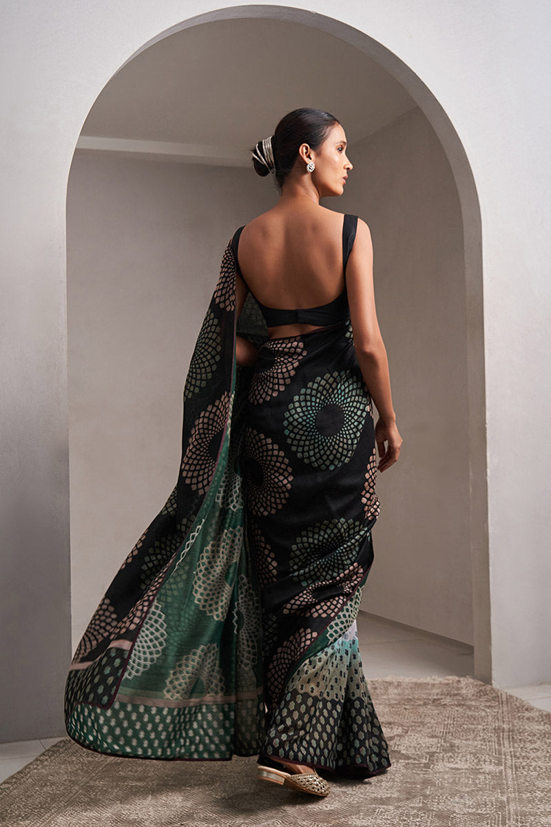 Chenab Maheshwari Block Printed Flip Pallu Saree - Black_Green