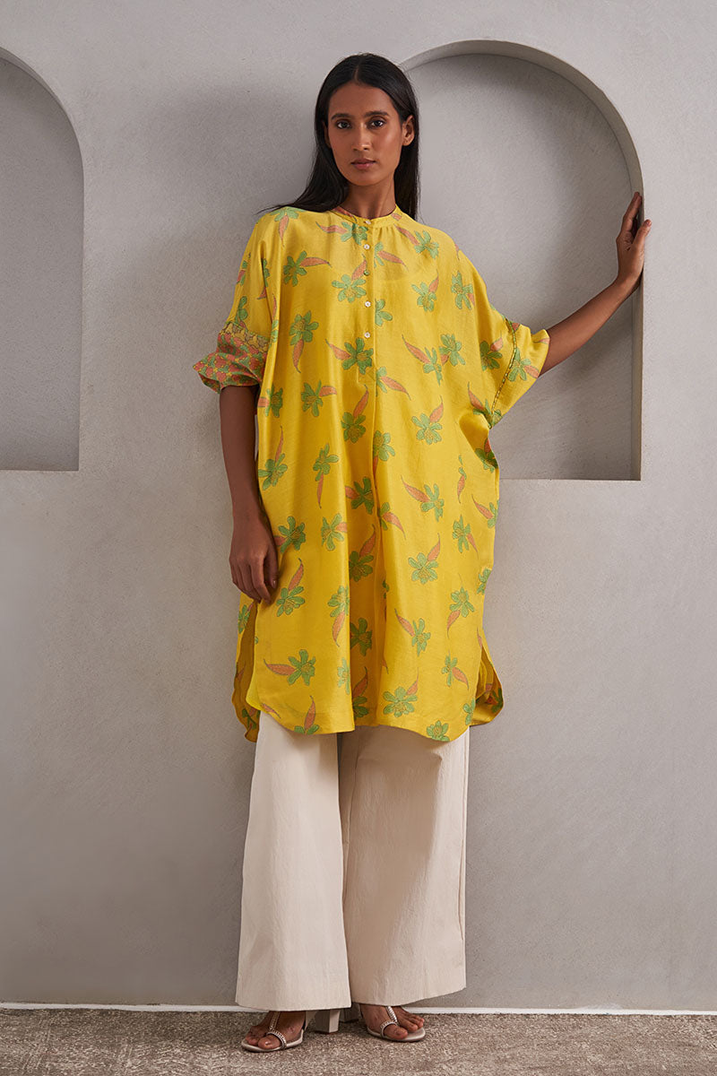 Phool One Size Chanderi Cotton-Silk Tunic Dress – Hand Block Printed with Contrast Sleeve & Slip