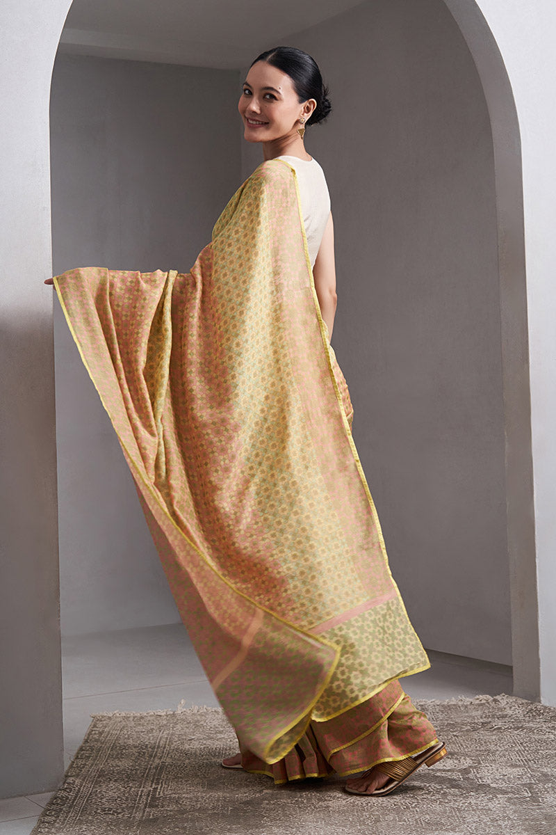 Jhelum Maheshwari Block Printed Flip Pallu Saree - Olive Green_Peach