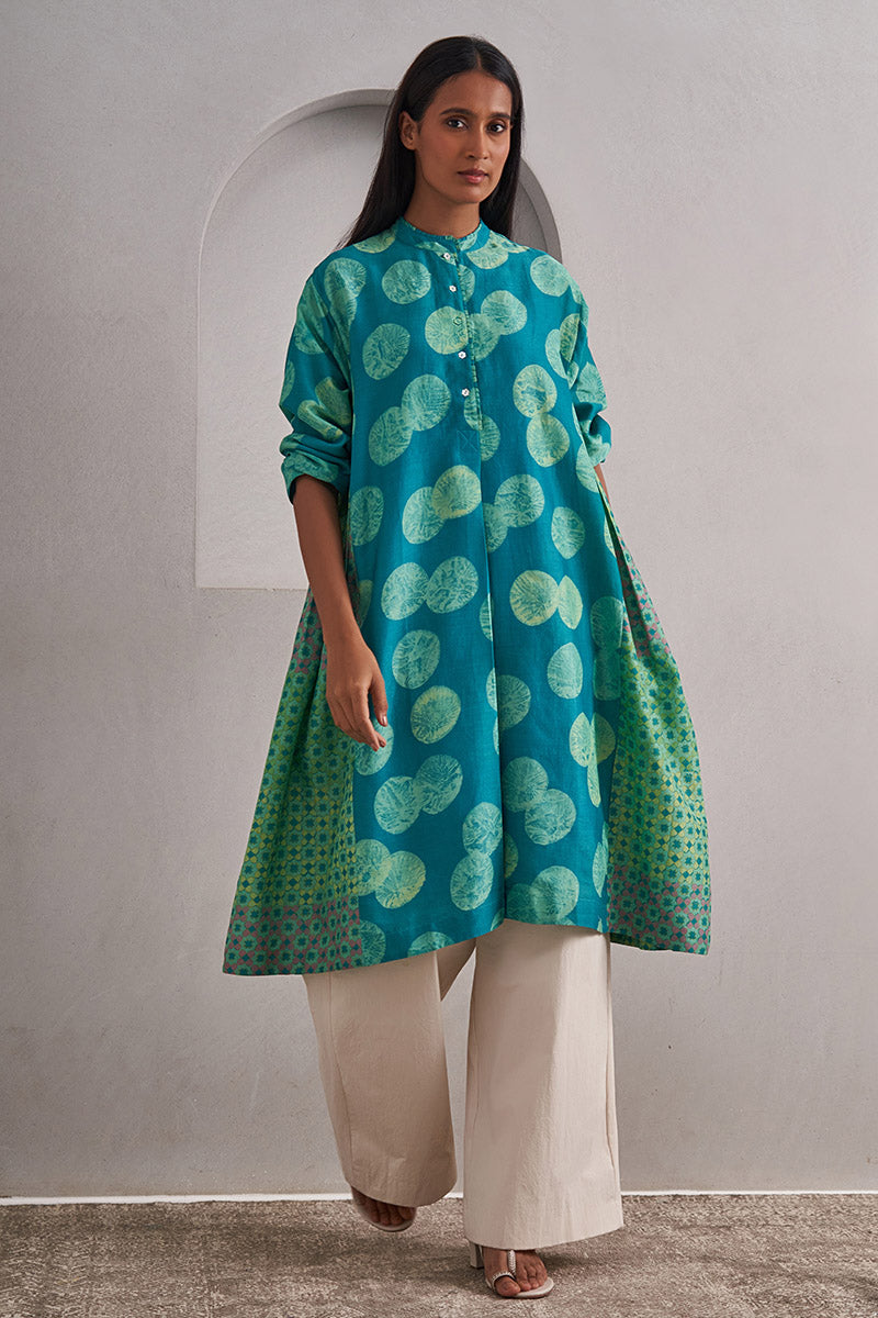Dewar One Size Chanderi Cotton-Silk Tunic Dress – Hand Block Printed with Contrast Panels & Slip