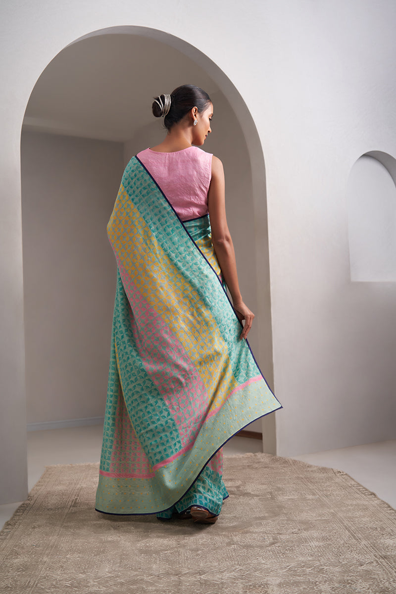 Narmada Maheshwari Block Printed Flip Pallu Saree - Teal Green_Yellow