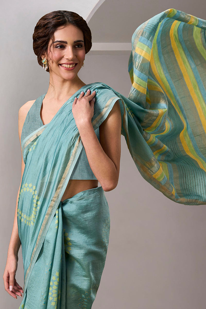 Aabha Handloom Maheshwari Silk Hand Blockprinted Saree