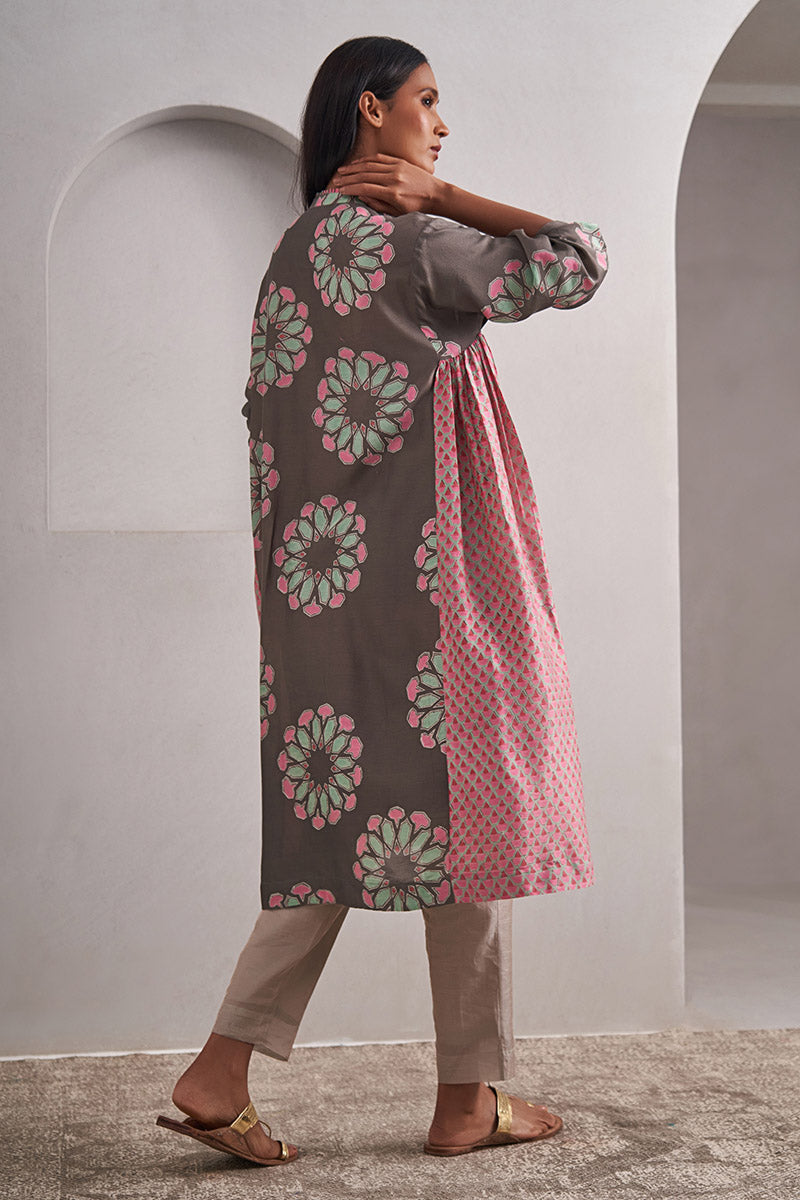 Pushkar One Size Chanderi Cotton-Silk Tunic Dress – Hand Block Printed with Contrast Panels & Slip