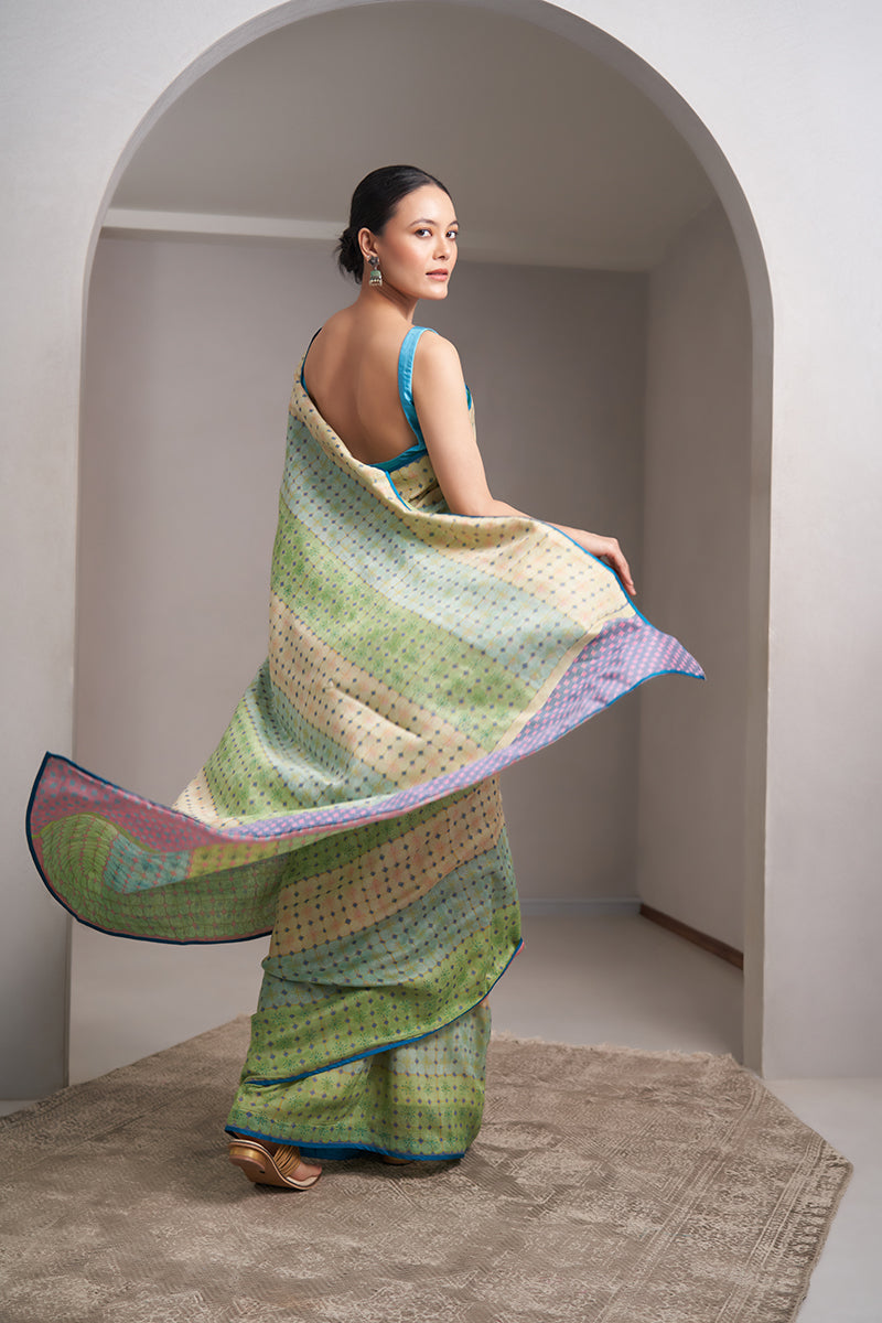 Saraswati Maheshwari Block Printed Flip Pallu Saree - Blue_Pink
