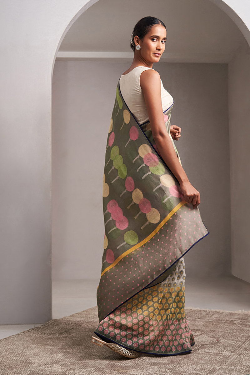 Yamuna Maheshwari Block Printed Flip Pallu Saree - Olive Green_Pink