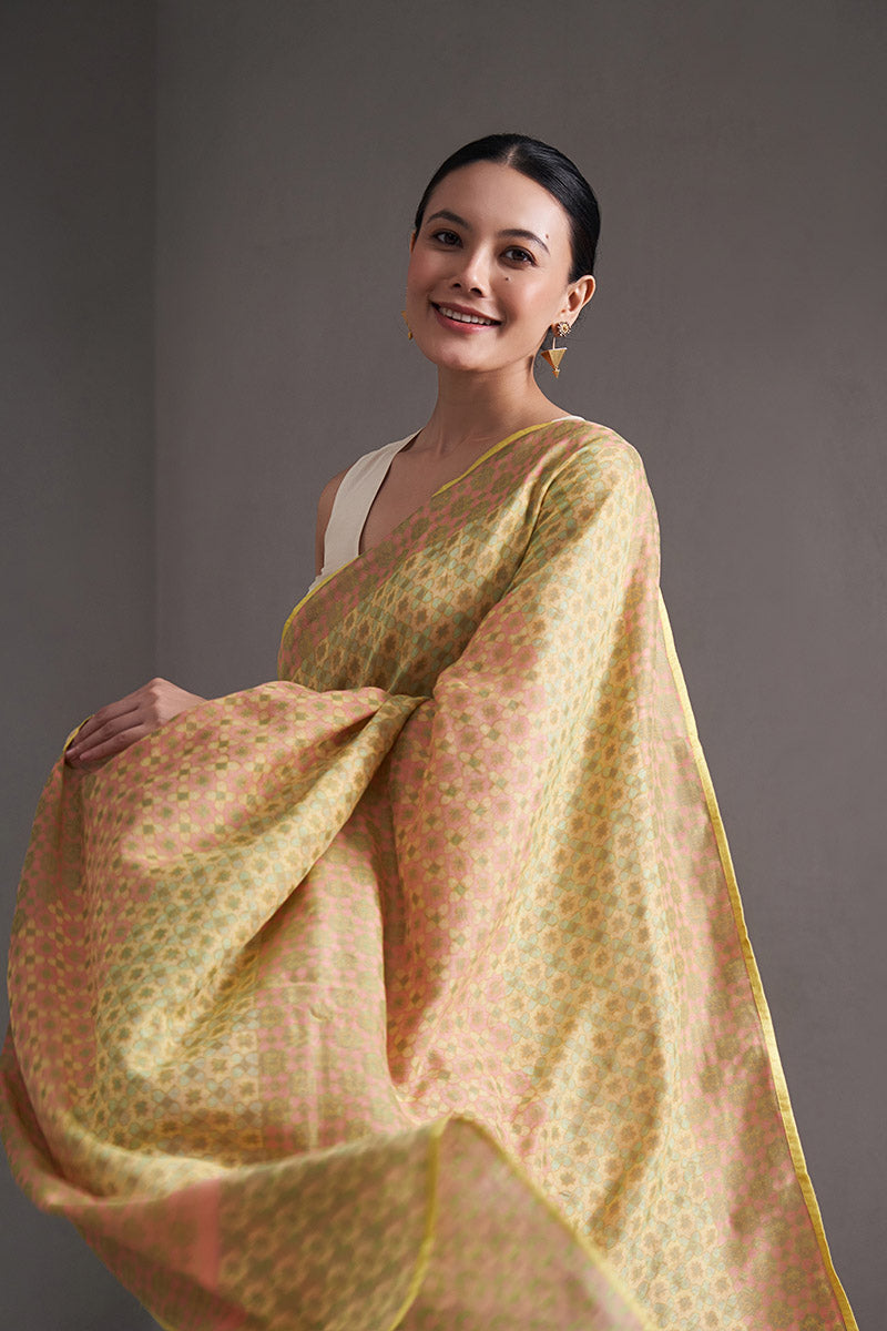 Jhelum Maheshwari Block Printed Flip Pallu Saree - Olive Green_Peach