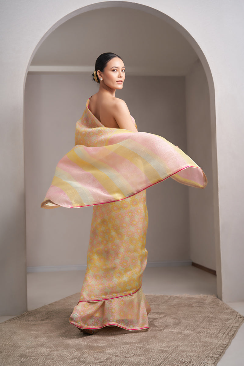Chhui Mui Hand Blockprinted handwoven Kataan silk Saree
