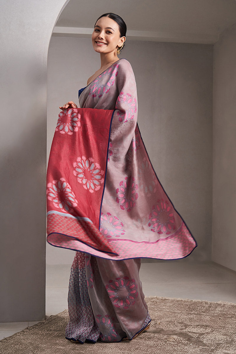 Tapti Maheshwari Block Printed Flip pallu Saree - Grey_Wine