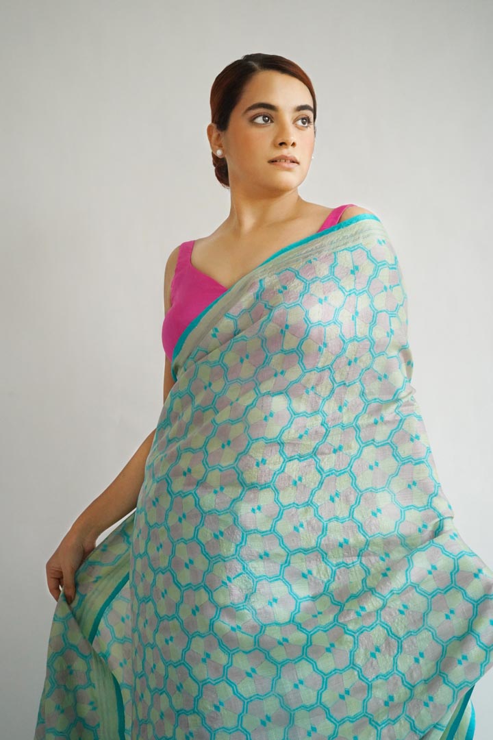 Leh Tussar Silk Hand Blockprinted Saree