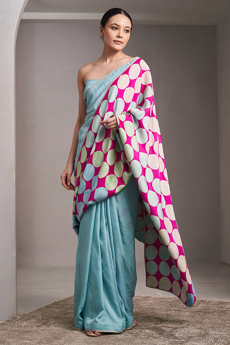 Karnavati Mulberry silk Flip pallu Saree Powder Blue Fuschia