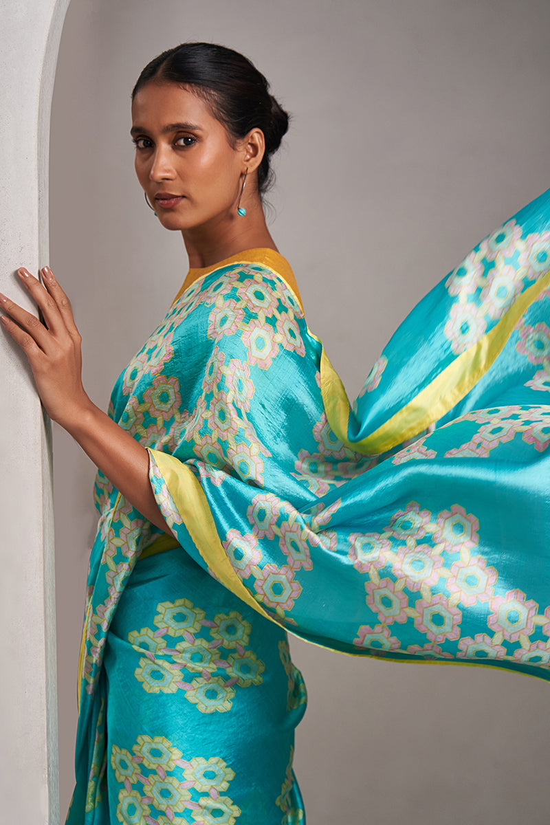 Padmaja Hand Blockprinted Handwoven Mushroo Silk Saree