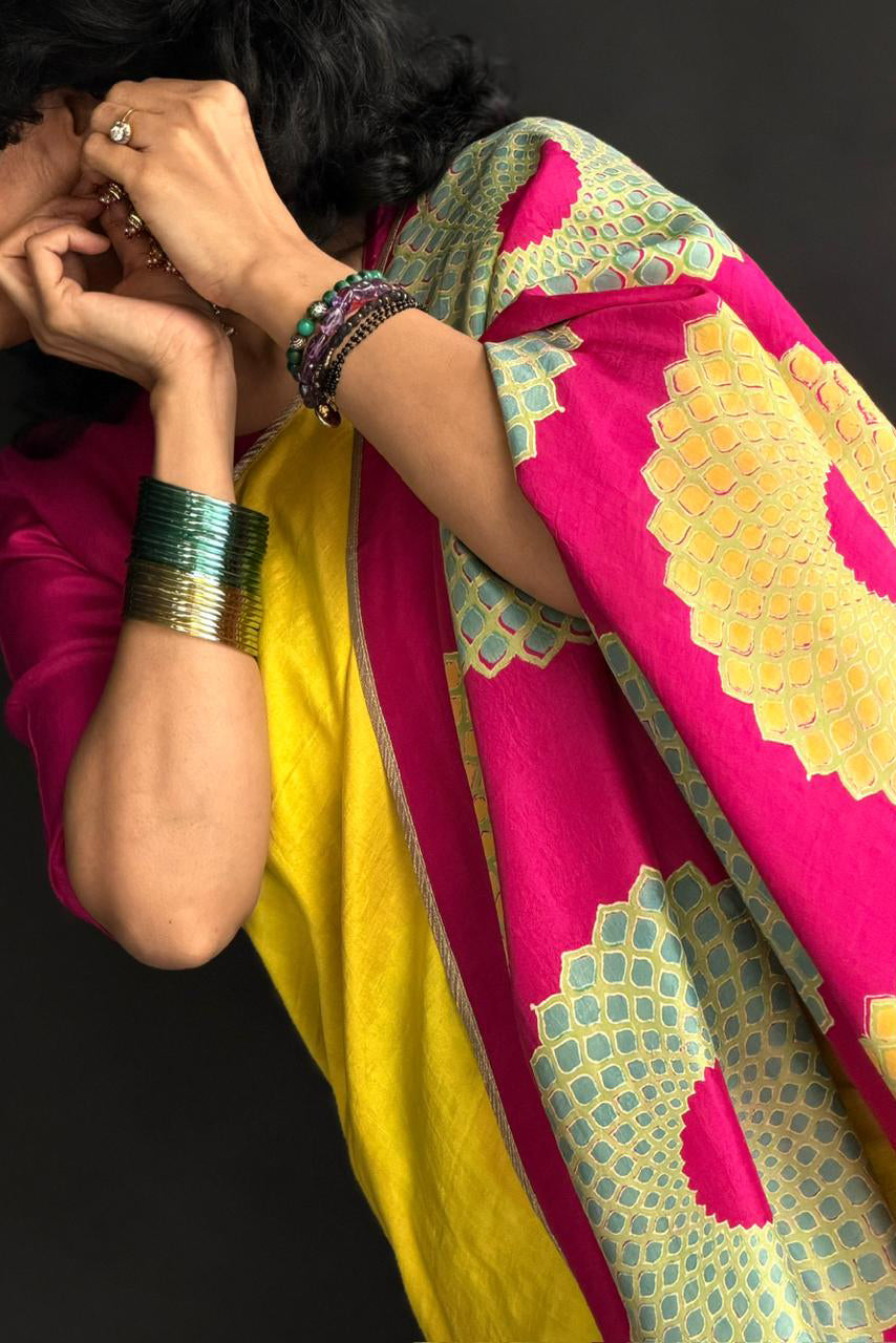 Ahilya Mulberry Silk Flip Pallu Saree Yellow Pink