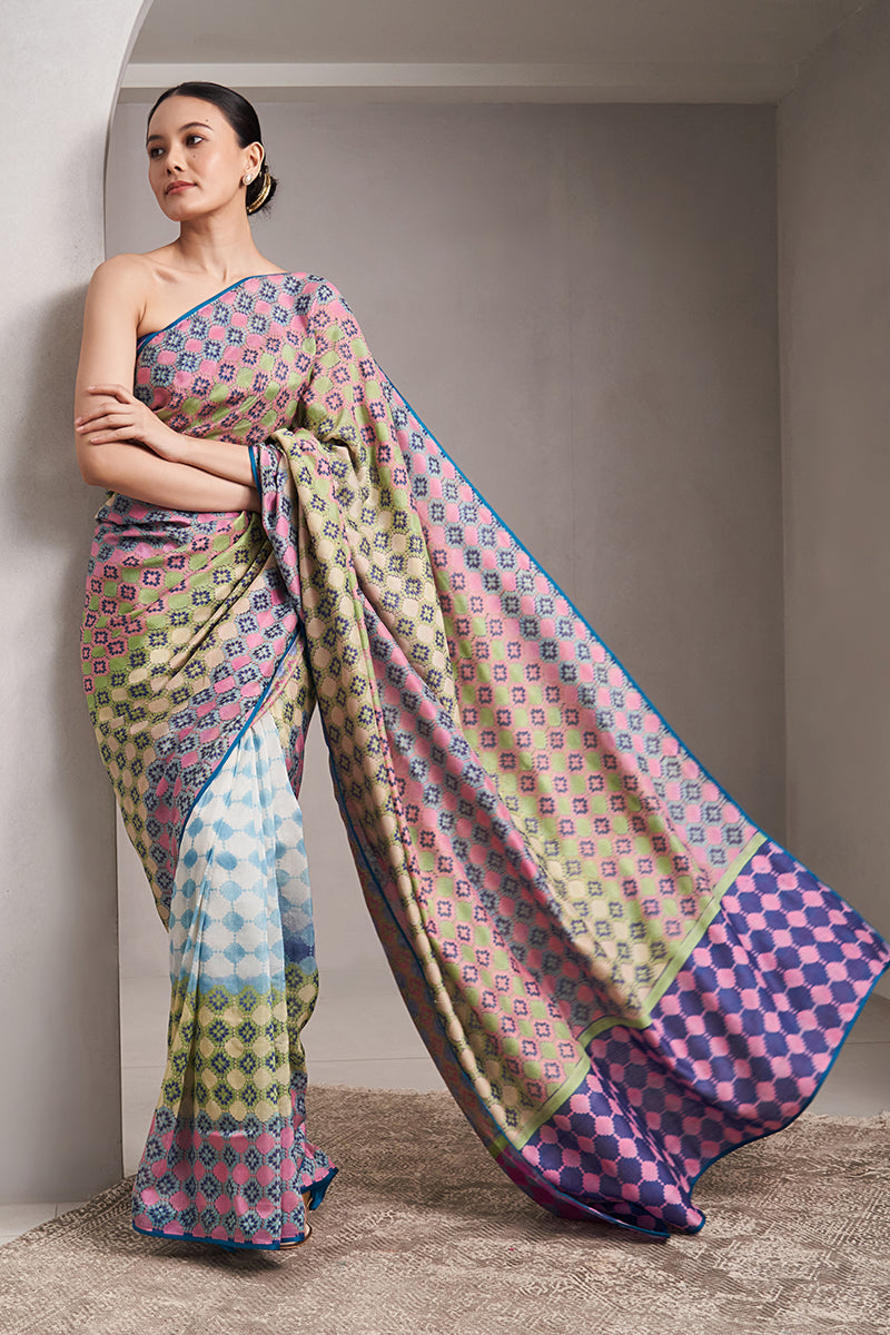 Bias Maheshwari Block Printed Flip Pallu Saree - Blue_Pink
