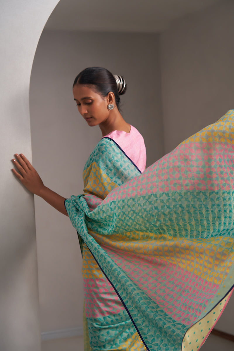 Narmada Maheshwari Block Printed Flip Pallu Saree - Teal Green_Yellow