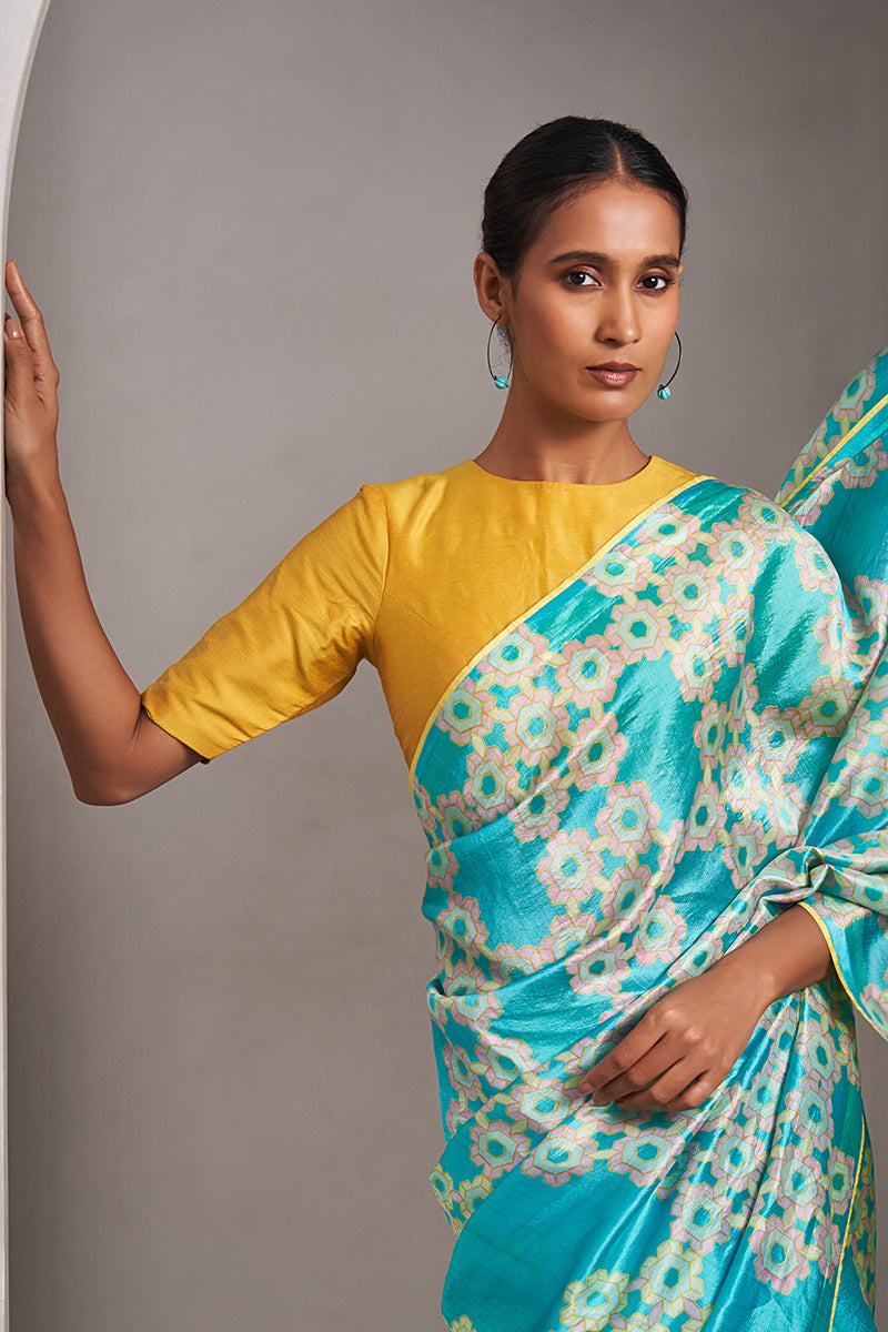 Padmaja Hand Blockprinted Handwoven Mushroo Silk Saree