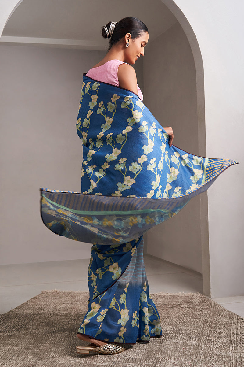 Sindhu Maheshwari Block Printed Flip Pallu Saree - Blue_Grey