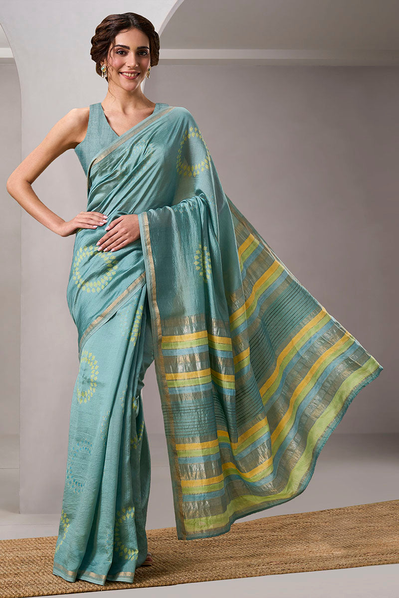 Aabha Handloom Maheshwari Silk Hand Blockprinted Saree