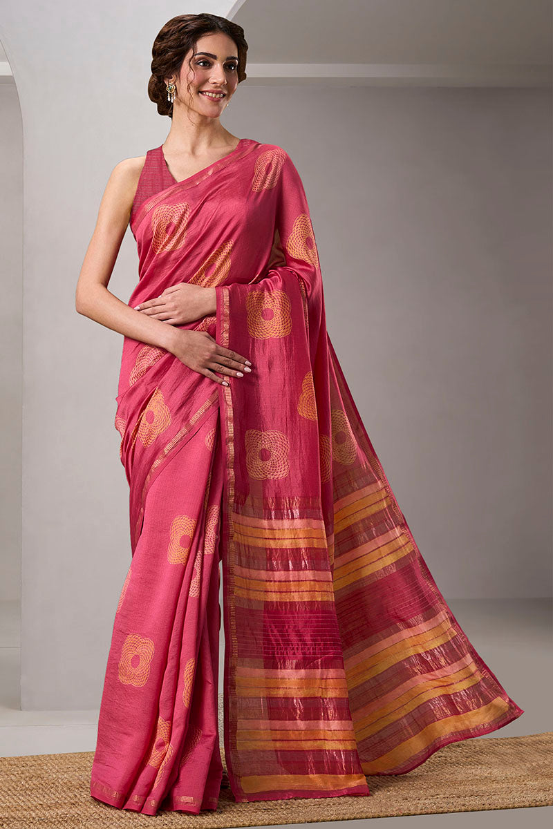 Aarohi Handloom Maheshwari Silk Hand Blockprinted Saree