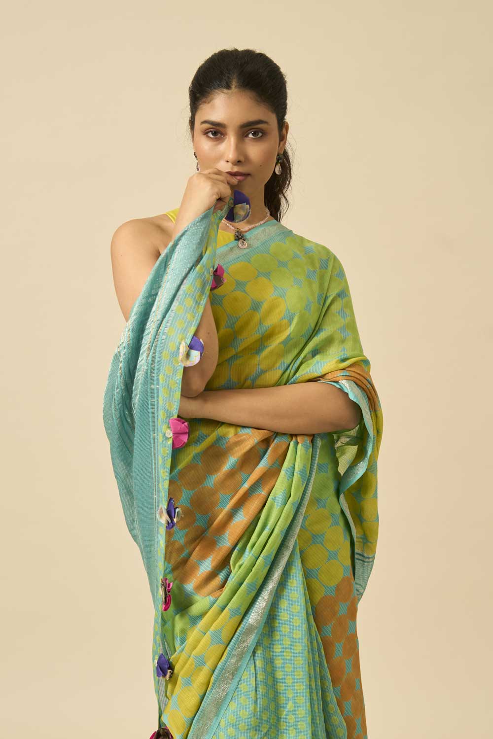 Brinda teal Maheshwari Silk Hand Block Printed Saree