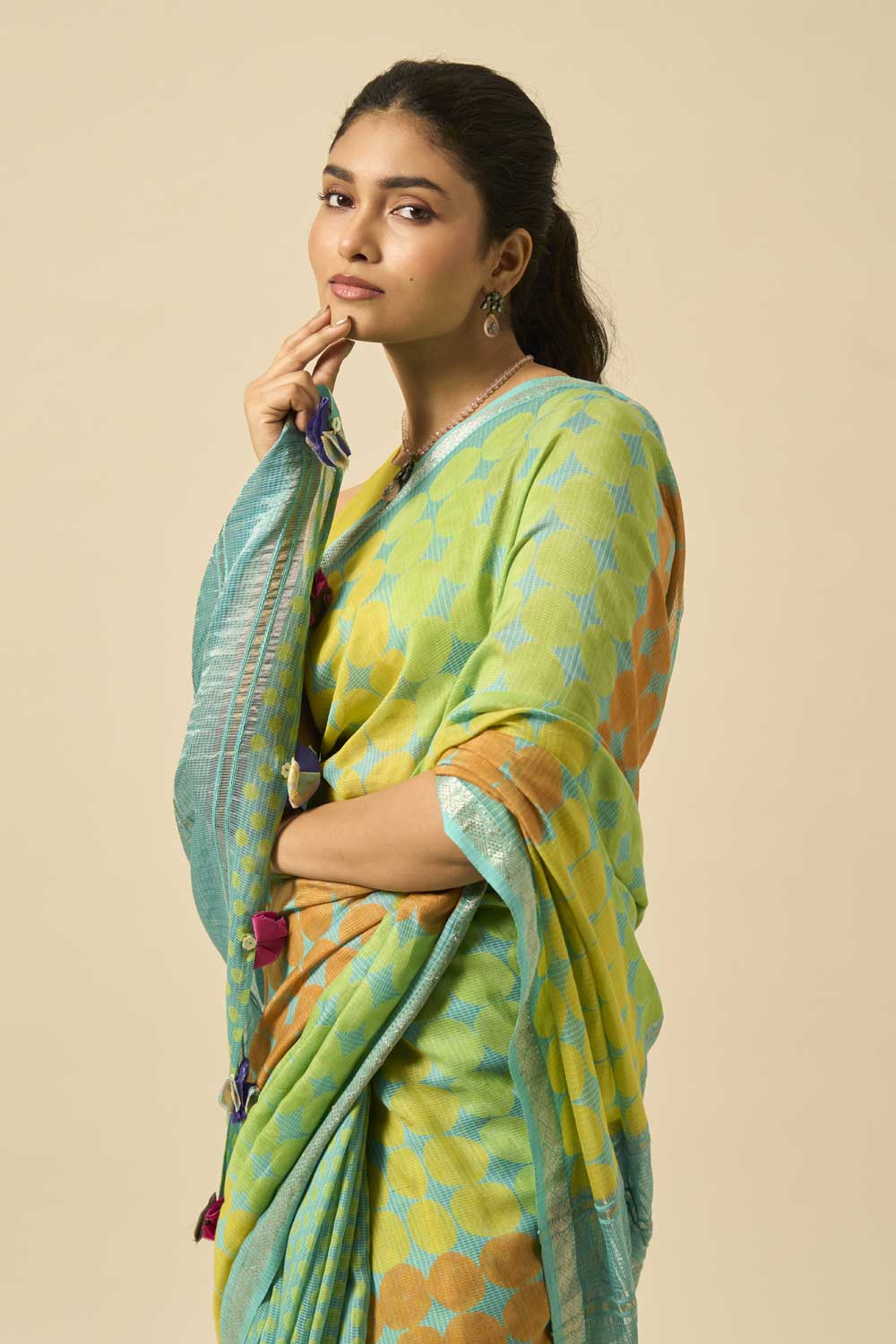 Brinda teal Maheshwari Silk Hand Block Printed Saree
