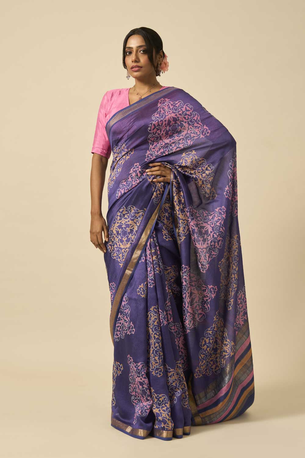 Sindhu Blue Handloom Maheshwari Silk Hand Block Printed Saree