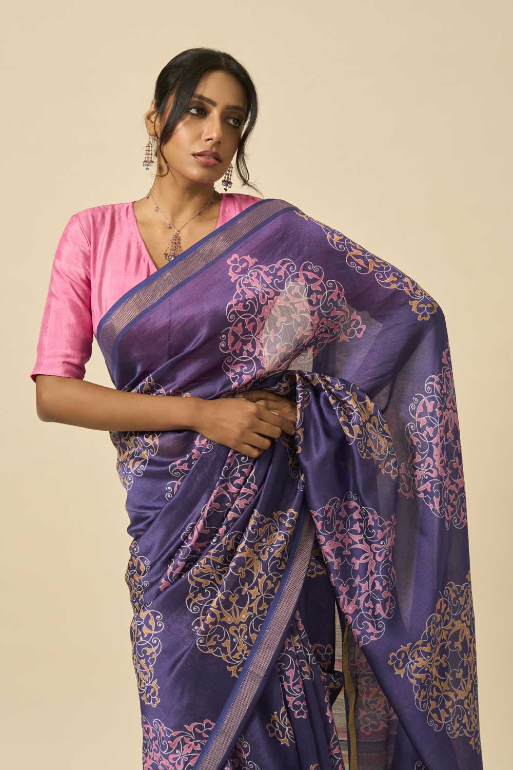 Sindhu Blue Handloom Maheshwari Silk Hand Block Printed Saree