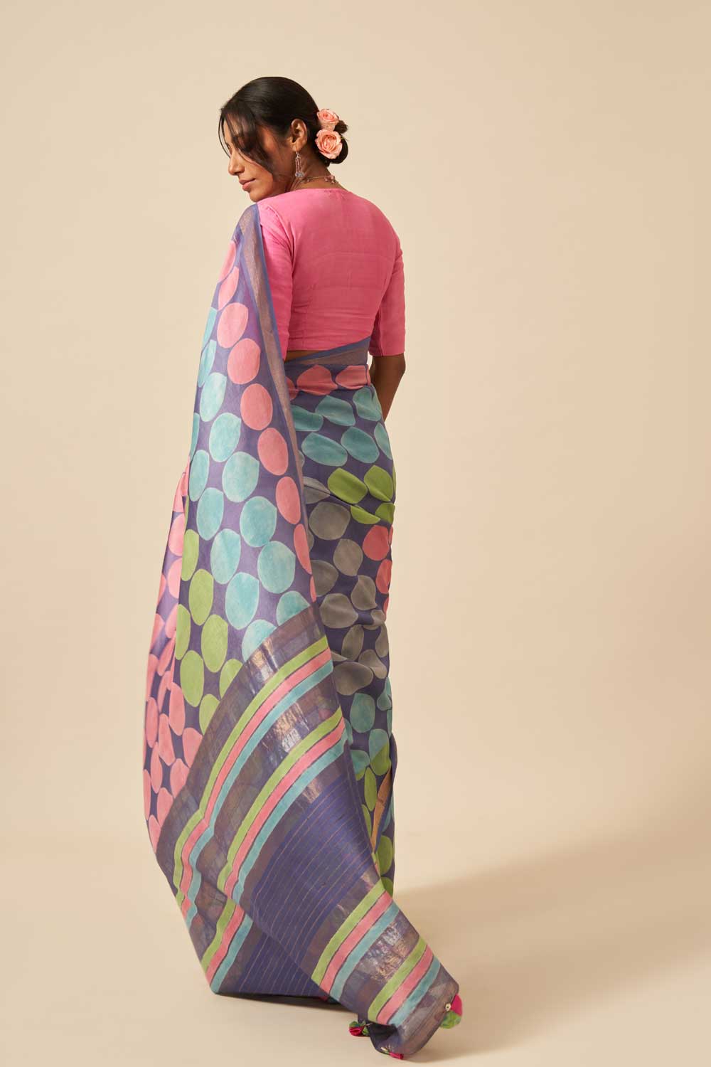 Luni Blue Maheshwari Silk Hand Block Printed Saree