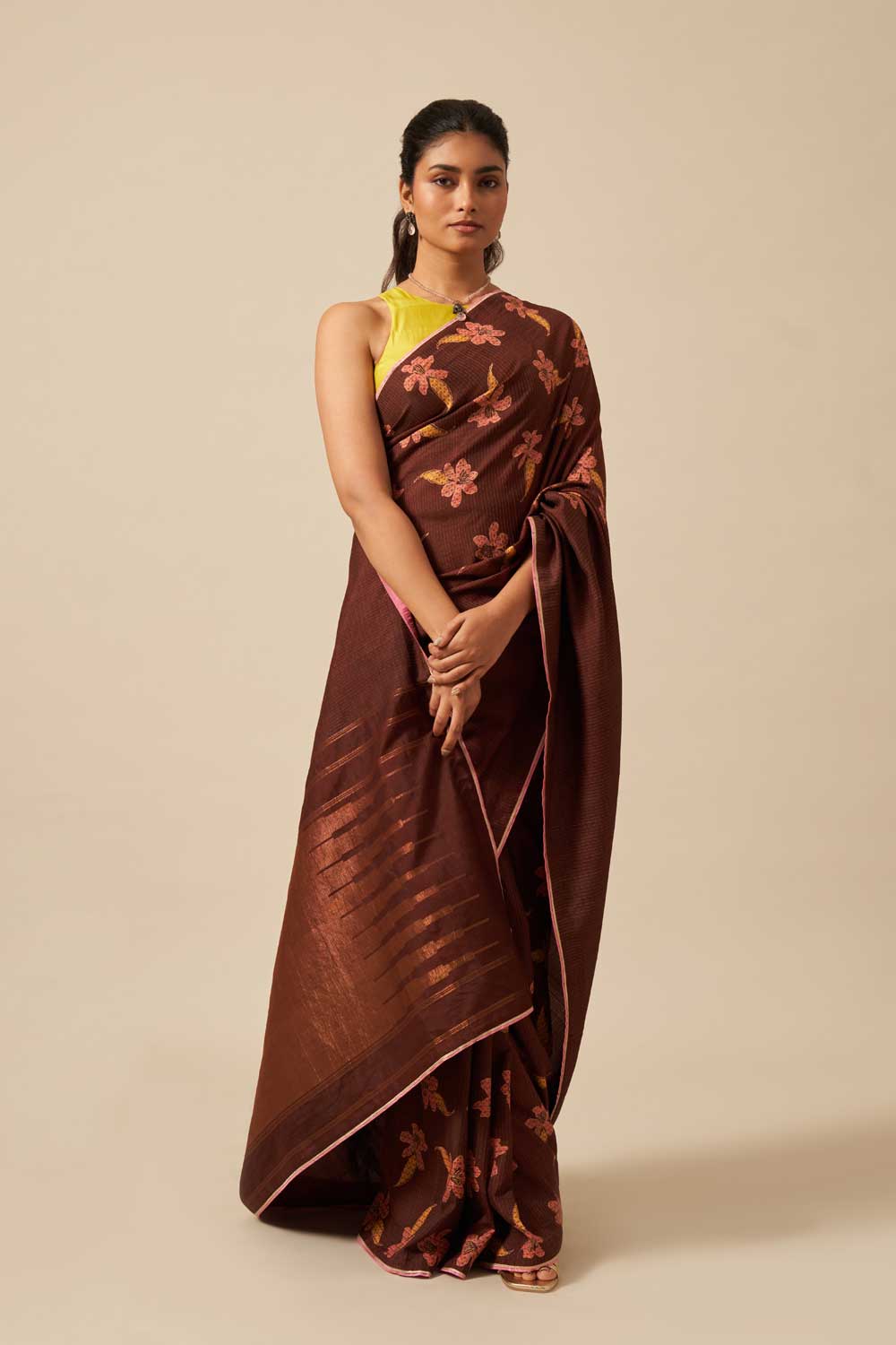 Parijat Brown Kanchi Silk Hand Blockprinted Saree