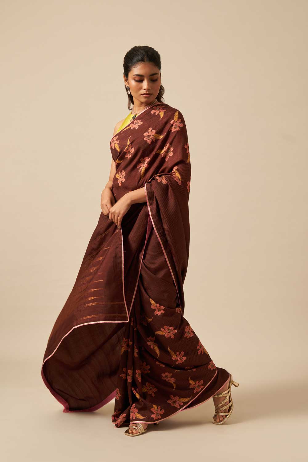 Parijat Brown Kanchi Silk Hand Blockprinted Saree