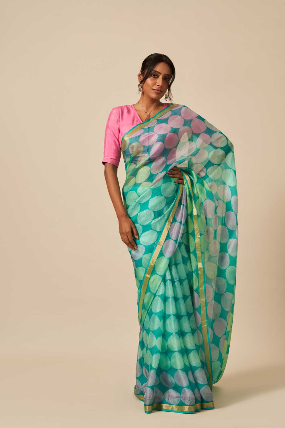 paan Green kota silk hand block printed saree