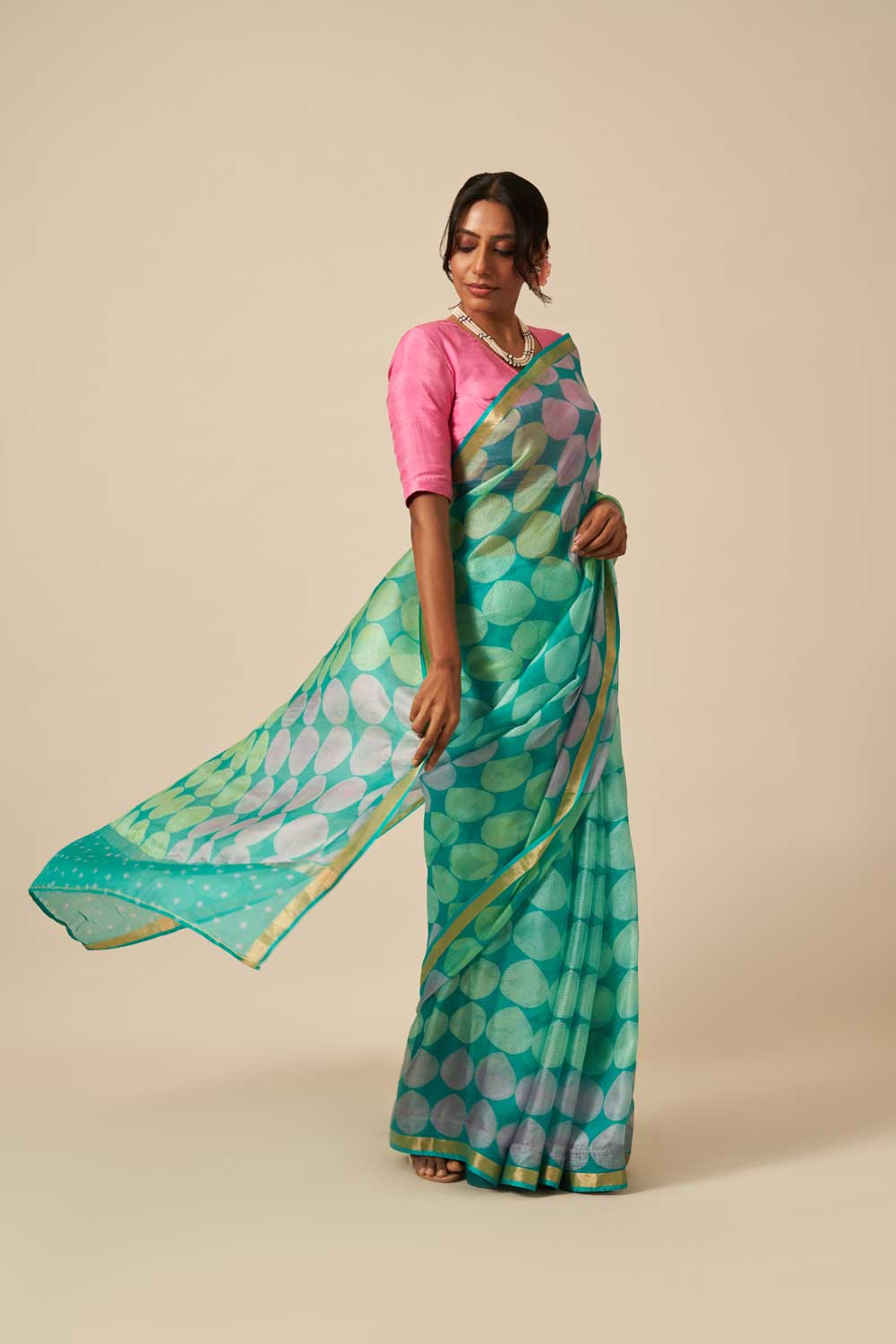 paan Green kota silk hand block printed saree