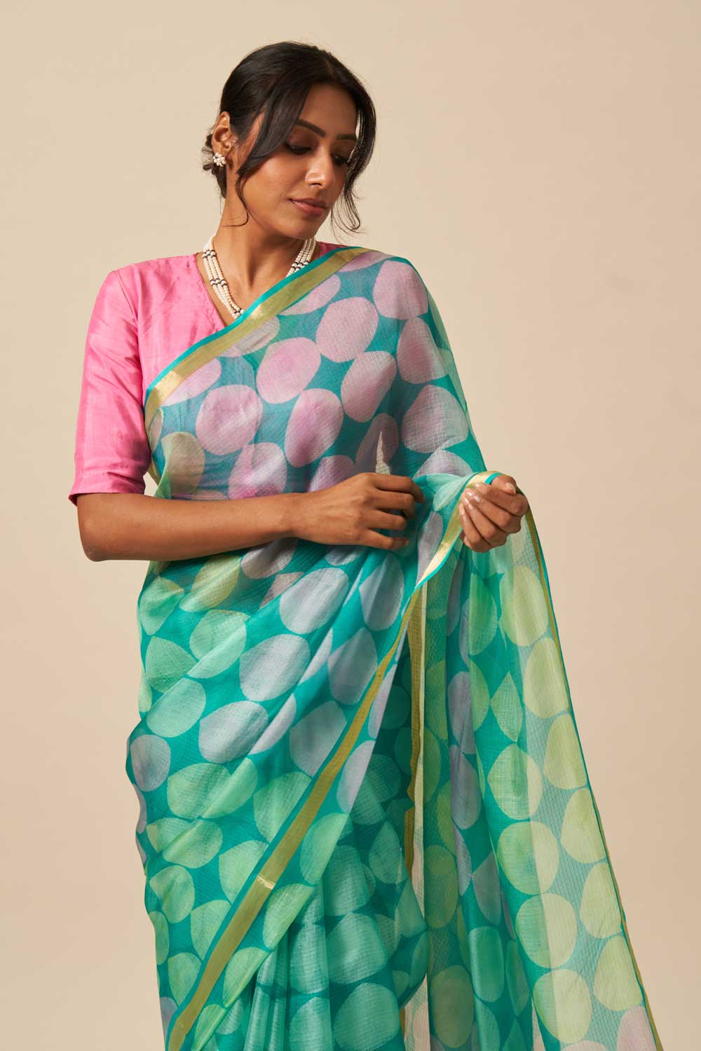 paan Green kota silk hand block printed saree