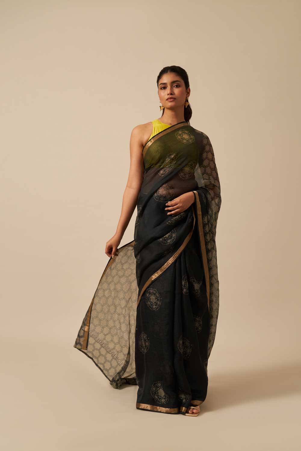 Jaipur black kota silk hand block printed saree