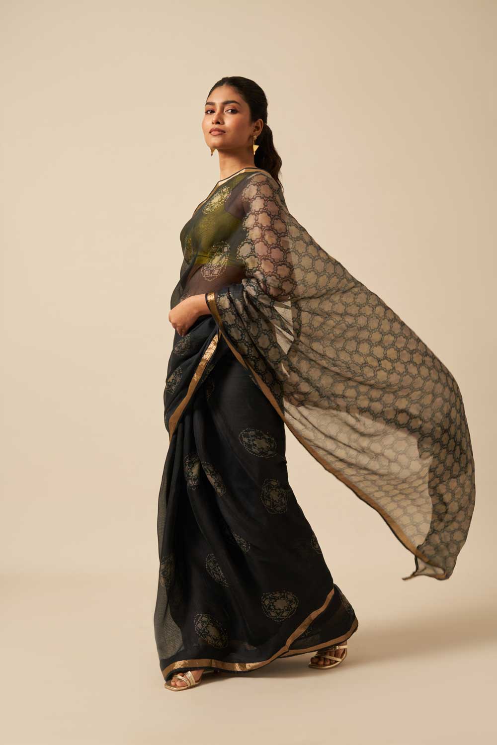 Jaipur black kota silk hand block printed saree