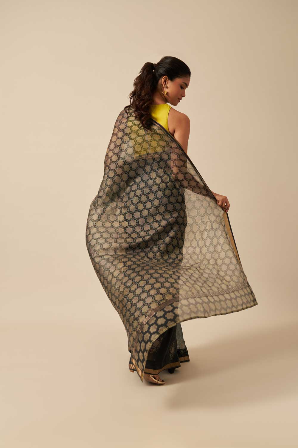 Jaipur black kota silk hand block printed saree