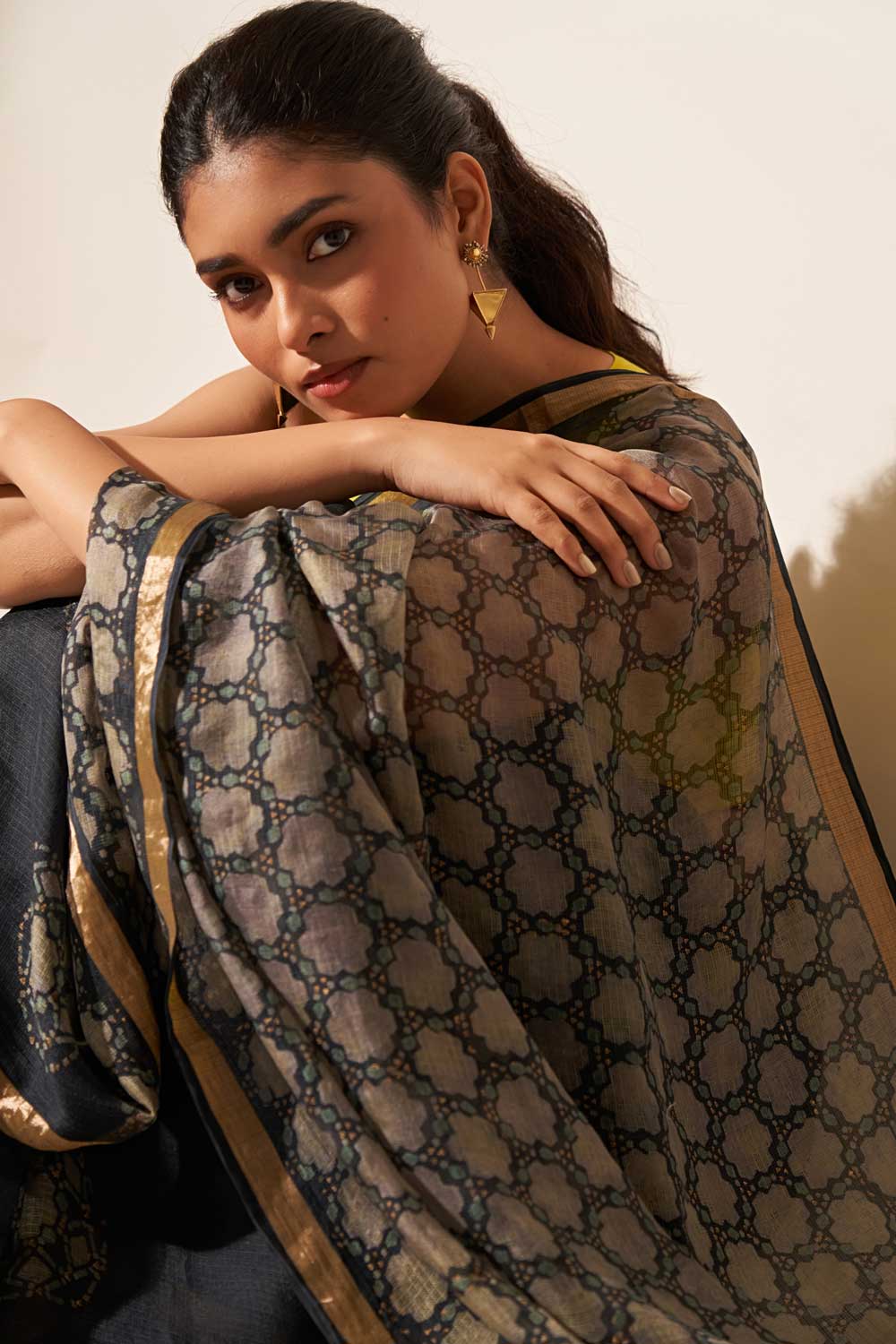 Jaipur black kota silk hand block printed saree