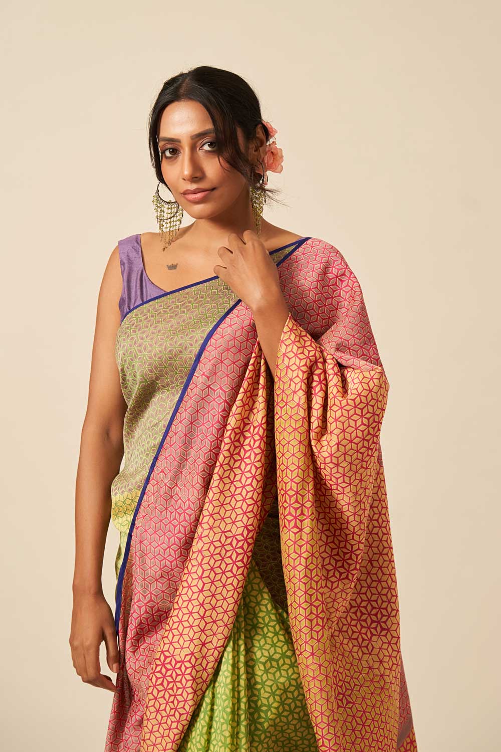 chenab green pink Maheshwari Hand Blockprinted Flip Pallu saree