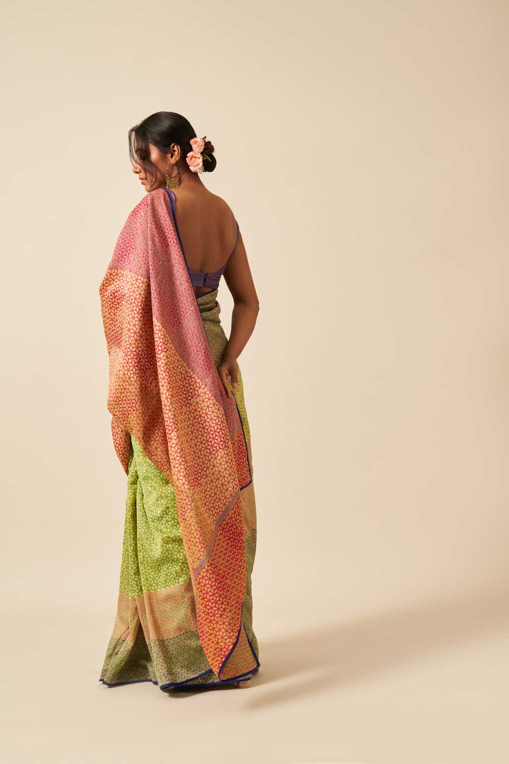 chenab green pink Maheshwari Hand Blockprinted Flip Pallu saree