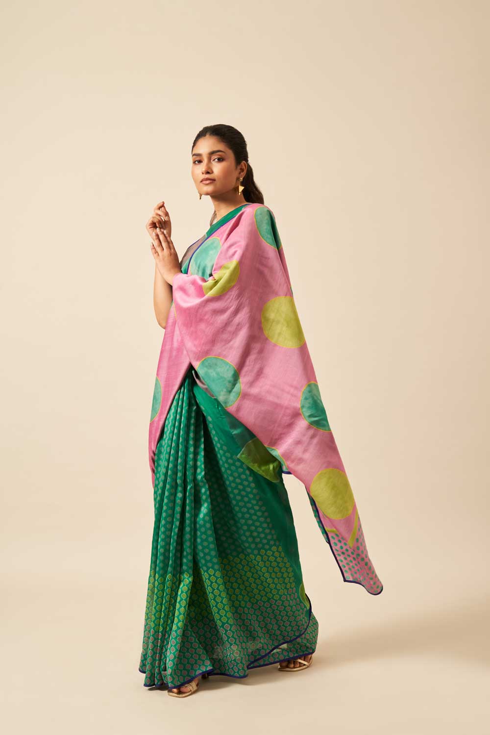 Gomti green pink Maheshwari Hand Blockprinted Flip Pallu saree