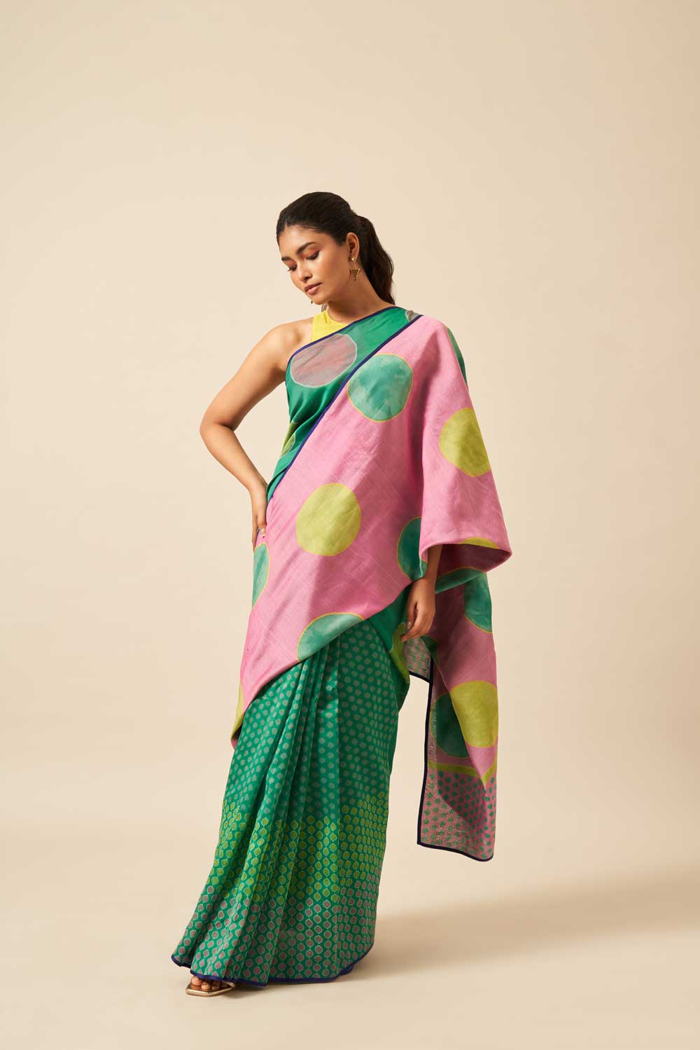 Gomti green pink Maheshwari Hand Blockprinted Flip Pallu saree