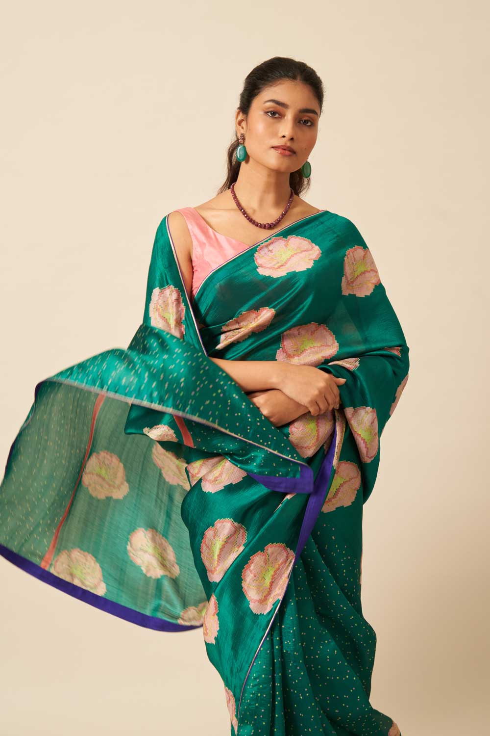 SAANJH GREEN ROSE MUSHROO SILK HAND BLOCKPRINTED SAREE