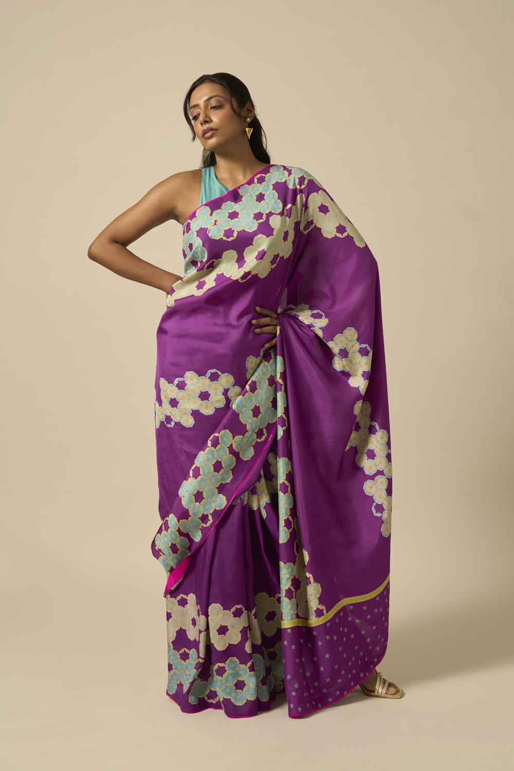 Violet Mulberry Silk Hand blockprinted saree