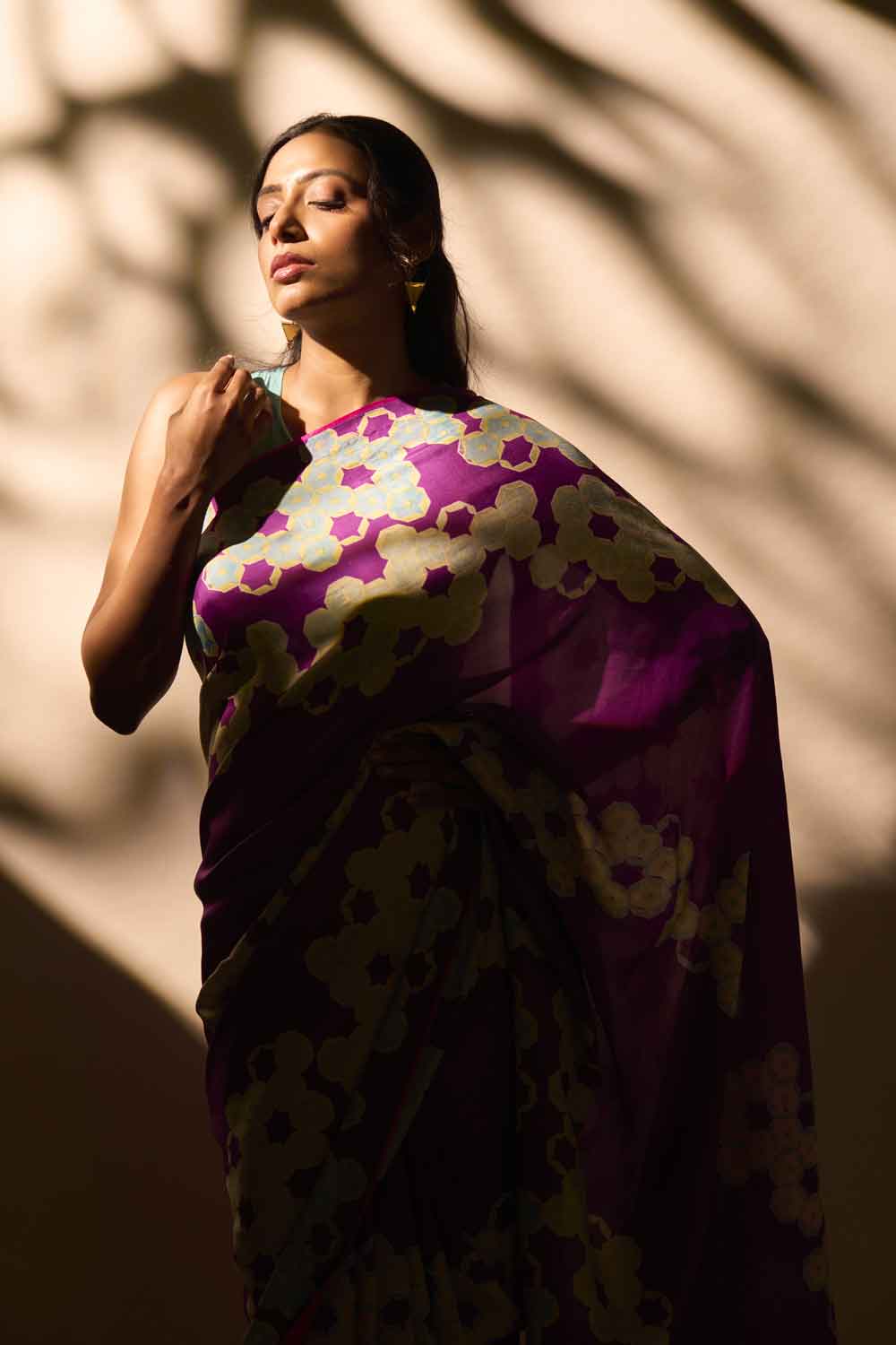 Violet Mulberry Silk Hand blockprinted saree