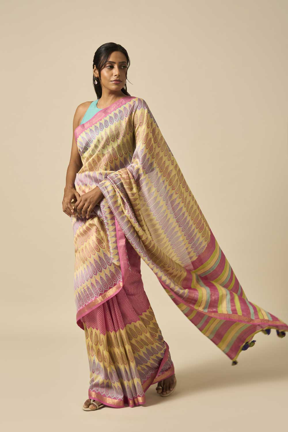 Kali Pink Maheshwari Silk Hand Block Printed Saree