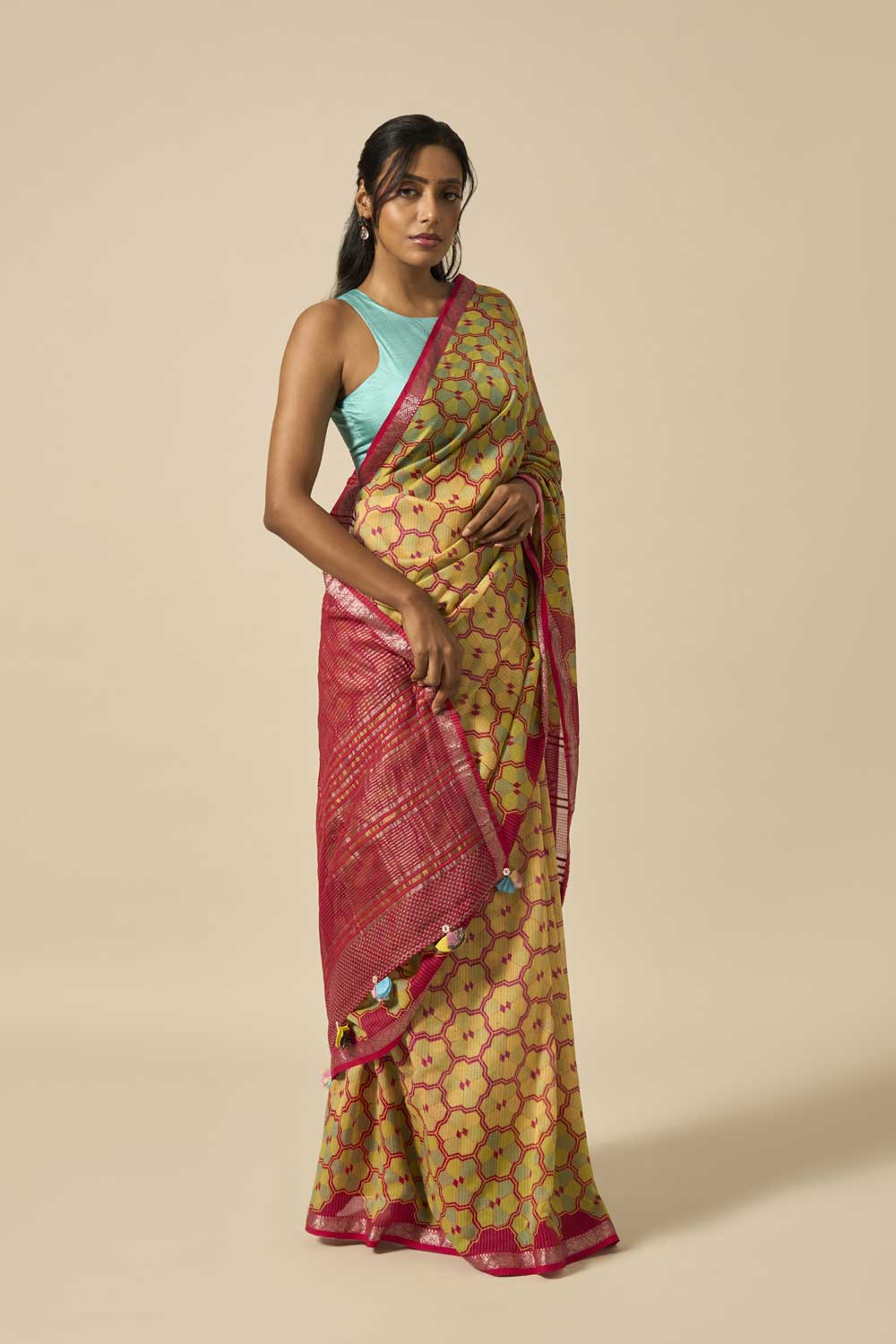 Vrinda RED Maheshwari Silk Hand Block Printed Saree