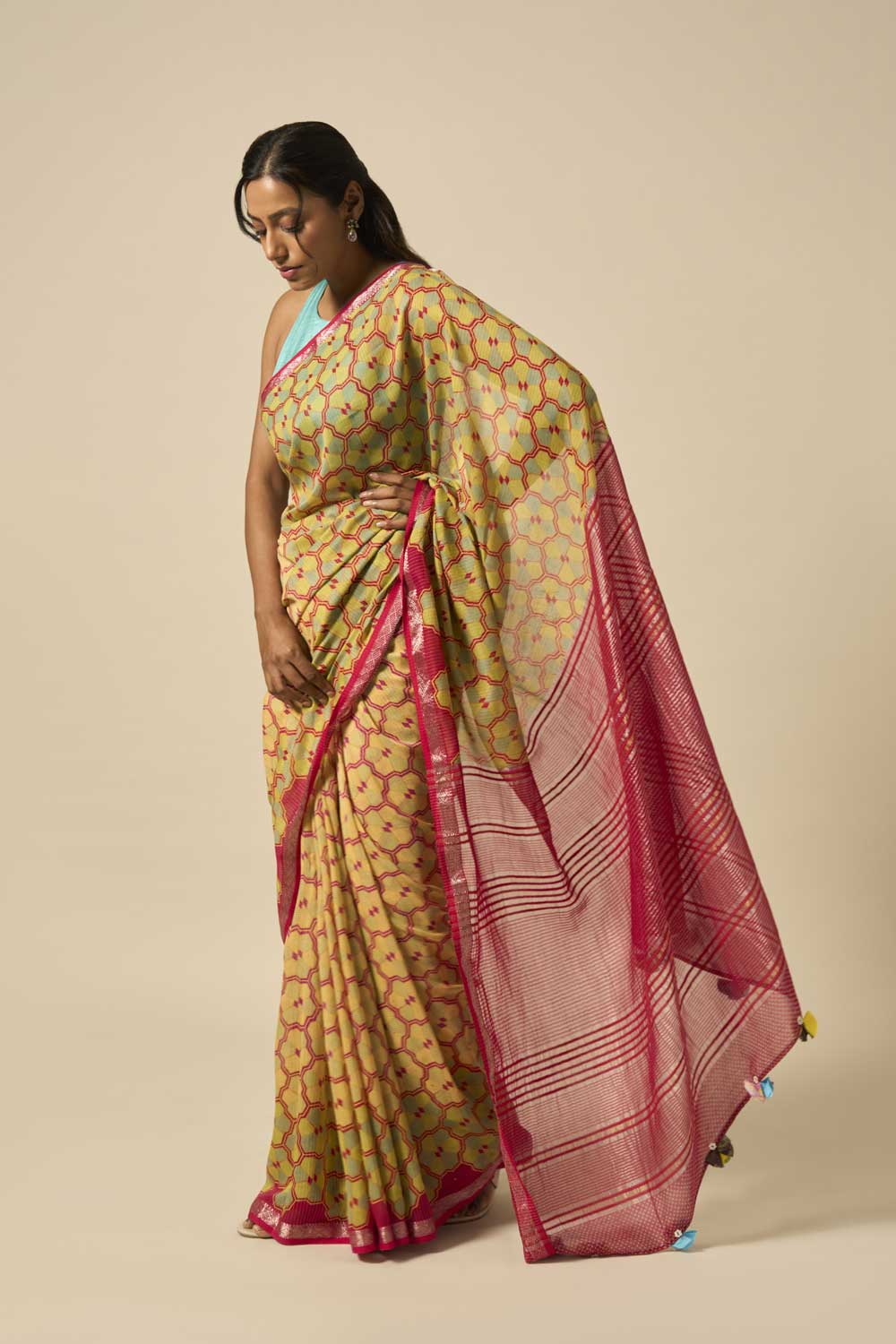 Vrinda RED Maheshwari Silk Hand Block Printed Saree