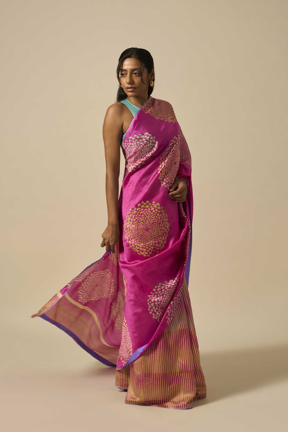 MRINAL PINK GREEN ROSE MUSHROO SILK HAND BLOCKPRINTED SAREE