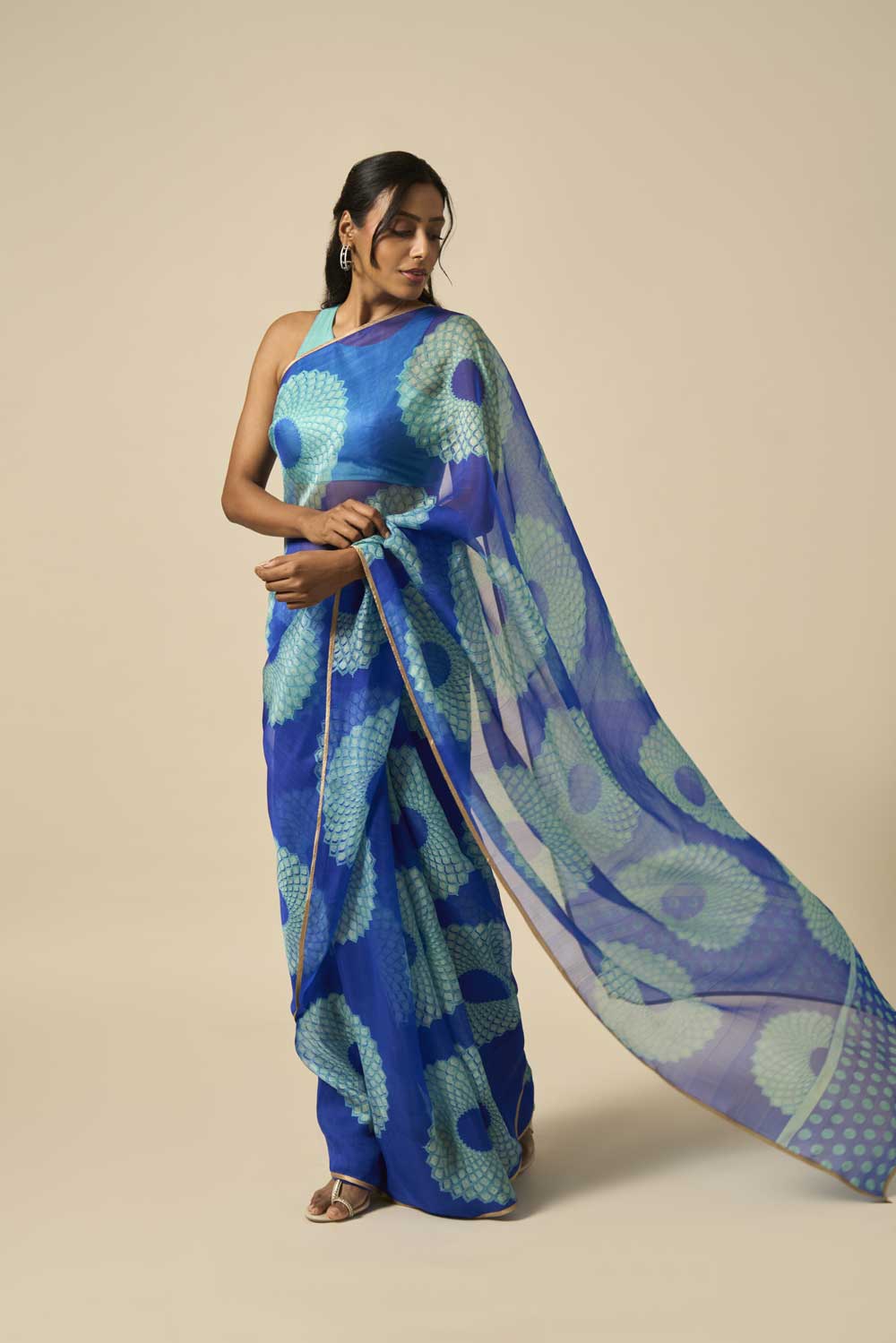 RAAG BLUE KATAAN SILK HAND BLOCKPRINTED SAREE